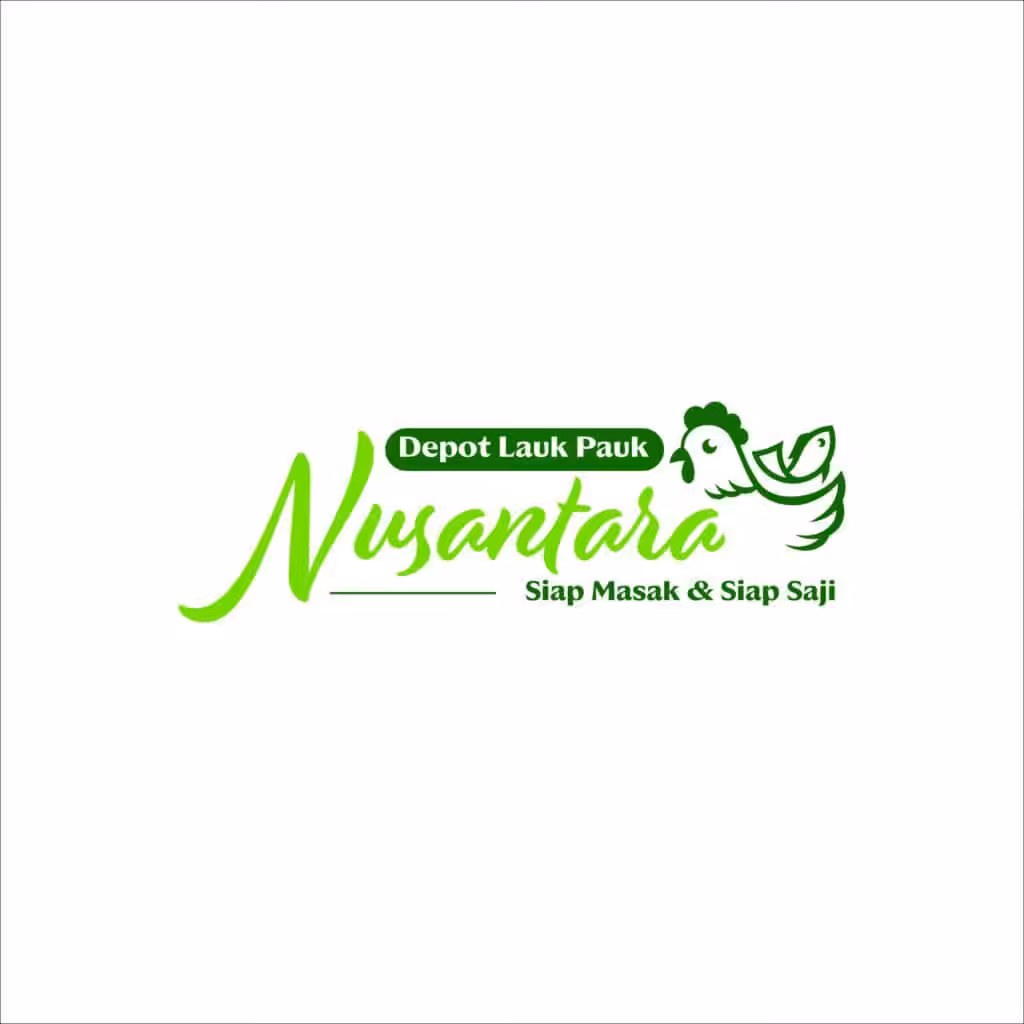 Fresh logo design for Nusantara Depot Lauk Pauk, featuring a chicken illustration and vibrant green color.
