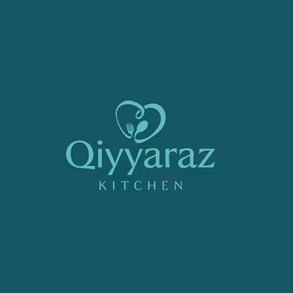 Delicious food logo design for Qiyaraz Kitchen with fork and spoon heart icon.